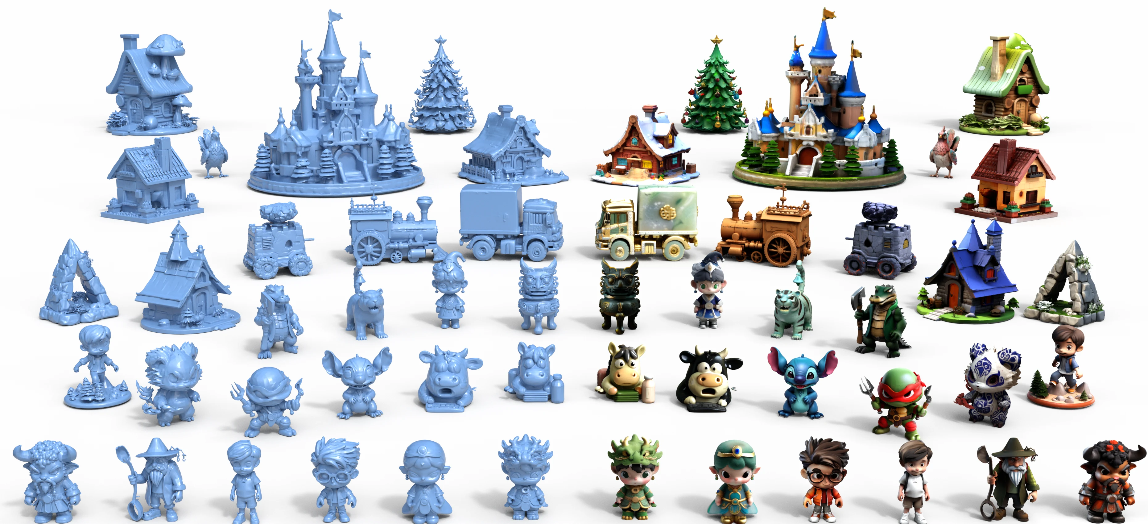 A gallery of untextured and textured 3D assets generated by HiQu3DGen
